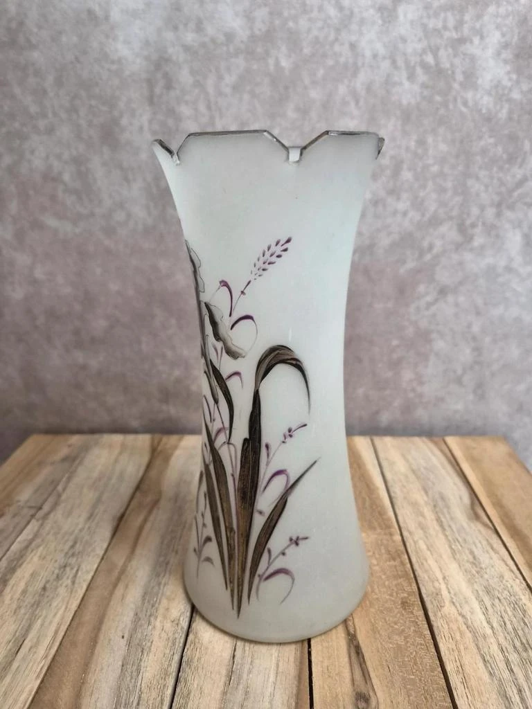 Antique Art Nouveau frosted enamel glass vase - iris decor – photo 4
